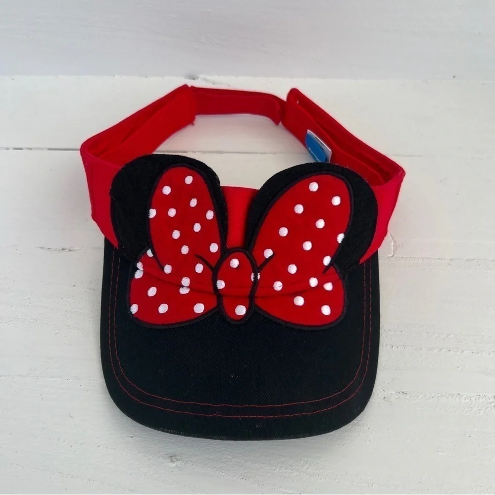 Disney Minnie Mouse Red Black White Hat Visor Hook And Loop Vacation Summer